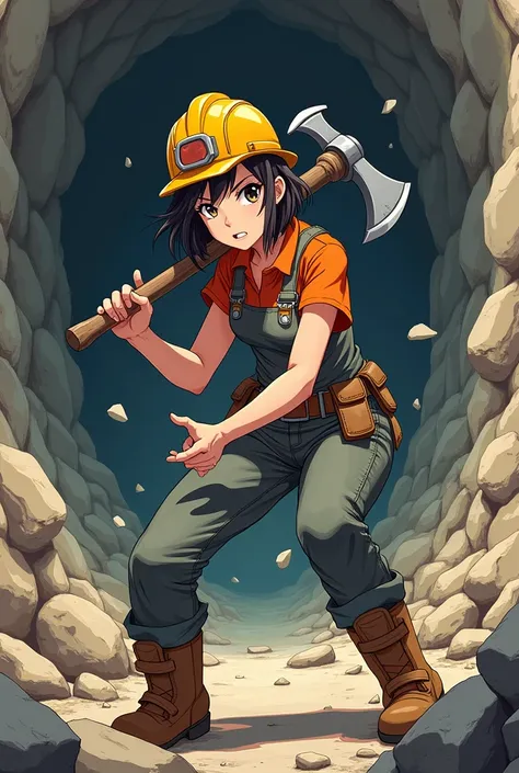 Asme an anime-style drawing of a mining lady 