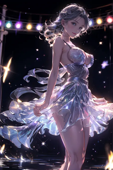  sky full of stars,Dancing on the lake １People Girl, ((  with very big breasts :1.3))),  long hair , Grey Hair ,  Fluttering in the wind髪,   very cute   ,  slim , Petite and small ,    ,  (  goes well with light blue light purple rainbow),Fluttering in the...