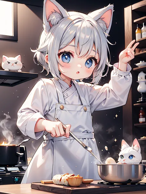 siamese cat、kitten、 white and gray body hair 、 cooking、