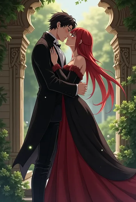 Character of shakugan no Shana  Shana in victorian dress black and red kissing the character of black Butler Vincent Phantomhive 
