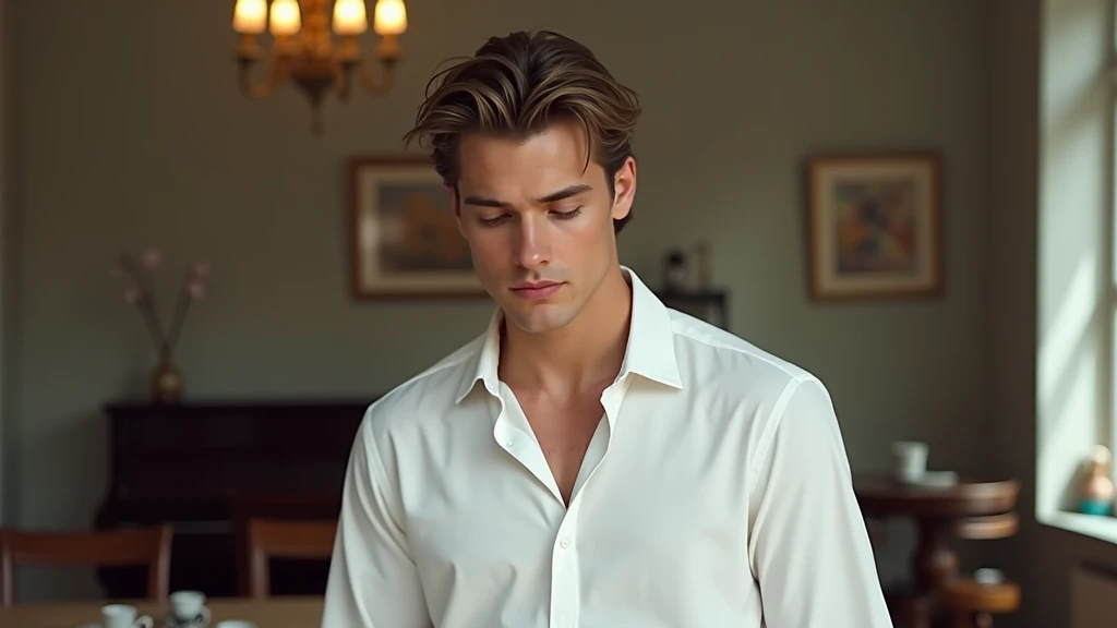 Portrait of a 25-year-old young man, inspired by John Luke, Joe Keery, Jakub Gazmercik, Daniil Kudriavavtsev, handsome, handsome and attractive face, wearing a white shirt, folding through the living room of a spacious and well furnished apartment. Handsom...