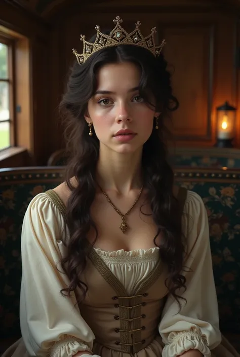 Generate a full image of a realistic 20years old princess with a dark brown long curly hair and a small crown dressed in an inferior clothes inside a moving carriage in 1700s