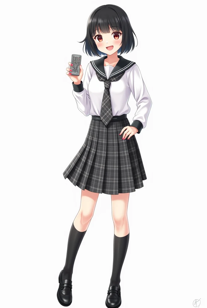 Teenage woman with black and short hair and with white anime watch and pink nails with white long-sleeved shirt and plaid Scottish tie in dark gray and white and pleated plaid skirt in combination of dark gray and white colors, following a uniform pattern ...