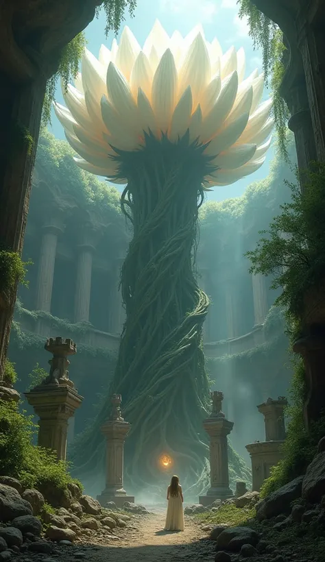 masterpiece, fantasy world, underground, colossal white blooming flower resembling Yggdrasil, its branches and petals spread widely in all directions, covering and intertwining with ancient ruined city structures, the twisted vines and roots of the flower ...