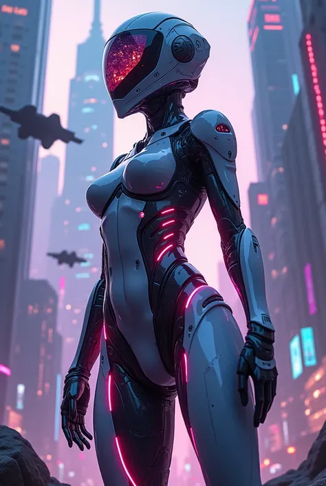 (in Otomo Katsuhiro style:1.2), masterpiece, high-quality, A futuristic female scout in a sleek angular suit embedded with pulsating circuits,  with big bust, thin waist and wide hips, sandglass figure, naked mechanical body parts. Theyre framed in a glowi...