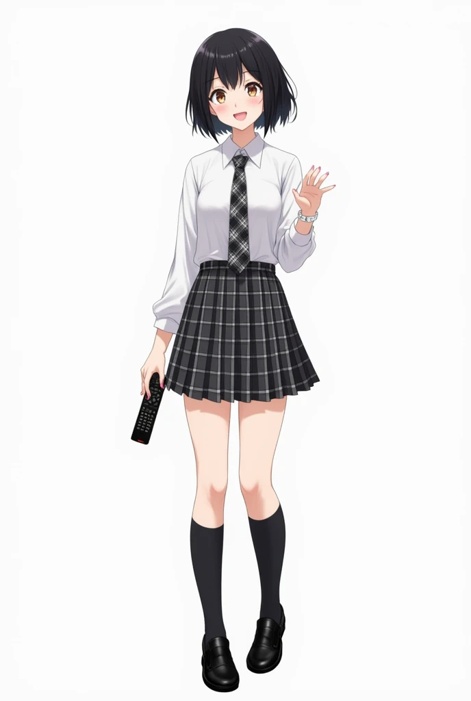 Teenage woman with black and short hair and with white anime watch and pink nails with white long-sleeved shirt and plaid Scottish tie in dark gray and white and pleated plaid skirt in combination of dark gray and white colors, following a uniform pattern ...