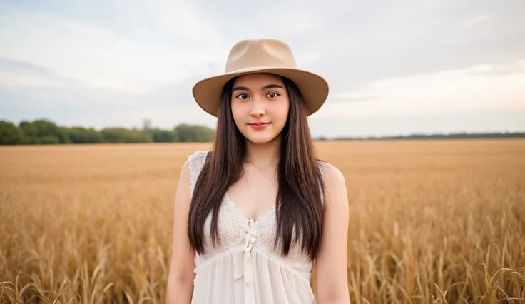 A portrait of a young Asian woman standing in a golden wheat field at sunset, wearing a soft beige sundress with ruffled details. She is accessorized with a straw hat, creating a warm, serene connection to nature, (8k, RAW photo, best quality, masterpiece:...