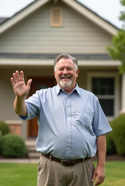 Portrait of a man slightly fat standing waving his hand by the house