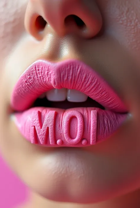 A image with a real person is using a pink lipstick which is design tơi xốp kiểu lỗ lỗ on its surface và print M.O.I 