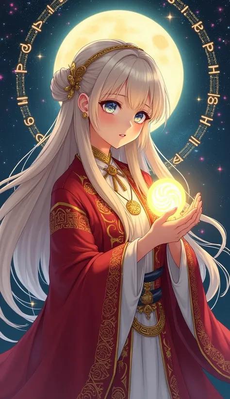 Design a serene anime girl with long, platinum blonde hair, dressed in an intricate red and gold robe featuring symbols of wealth and good fortune. She holds a glowing crystal orb, her eyes shimmering with the swirling colors of destiny. The background fea...