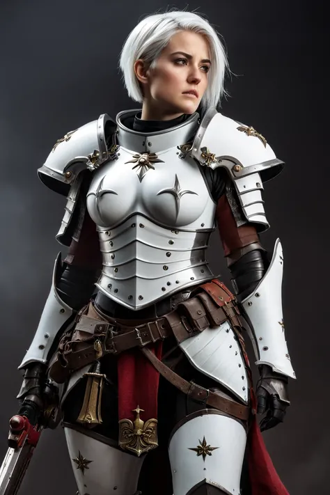 A sister of battle preparing for battle, her armour is damaged from battle, midriff, toned abbs, white hair, she is repairing her armour, ethereal, ominous, frightening, realistic, High Resolution, Breasts, Short Hair, Anatomically Correct, Detail, Wide Sh...