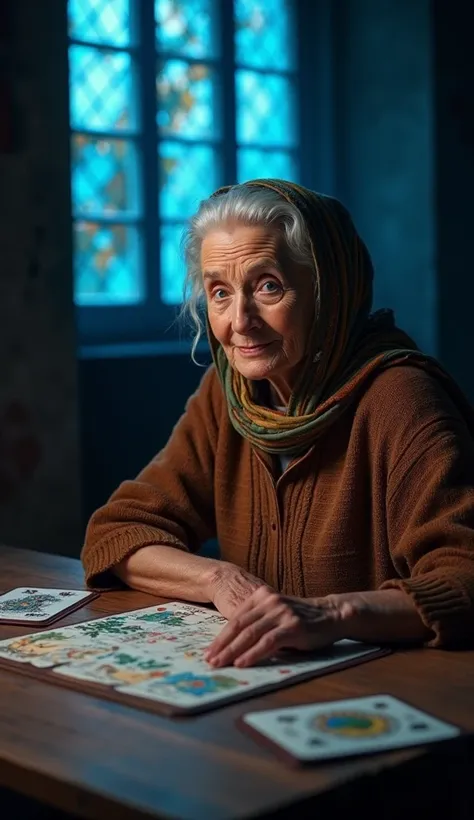 A cinematic photo of an elderly woman reading Tarot cards kept on a table., She looking to camera , she wear  beautiful handcraft  clothes and blue eyes . she wear handcraft scarf partially on hair , she looking to camera , the background is a fully dark  ...