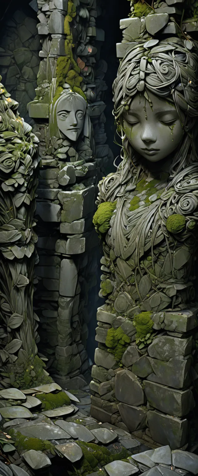 ruins,(stone skin:1.3),old stone ,mossy,stone statue of a girl, closed eyes,stonedu