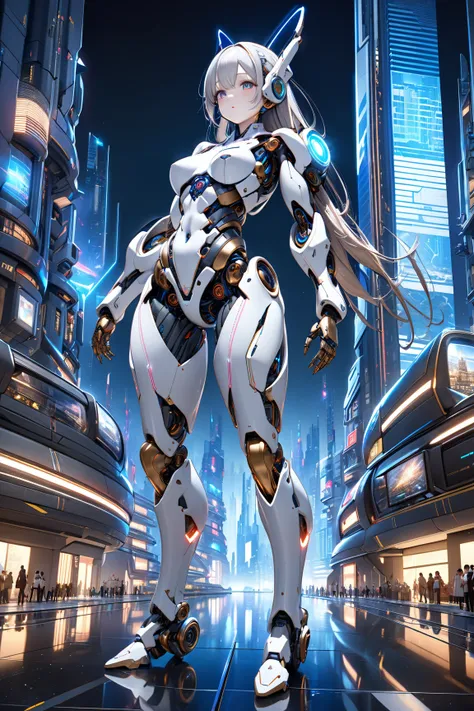 An intricate mechanical body, android ,science, light emitting diode ,Metal, high definition ,  best quality,  high definition ,  anatomically correct ,  Very detailed,  Ultra High Definition,  textured skin , whole body,whole, Future City,night,1人の女の子, ワイ...