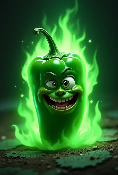 Create an image of an animated jalapeño in green flames