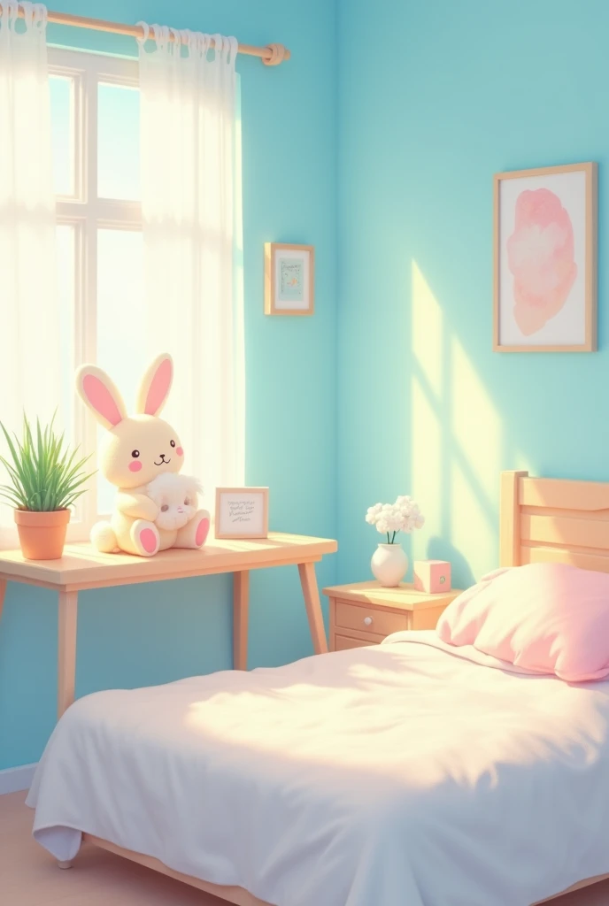 background,Pastel Blue,room,noon,cute, rabbit plush toy, bed,desk,Poster