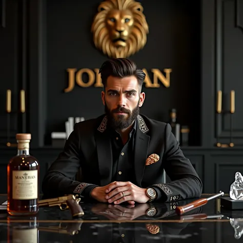 a nice beard and hair guy wearing nice elegant designer black embroidery  suit sitting on modern big office chair  front side big black and golden marble designer table  and back side in the office wall lion symbol and write big name in golden fonts "jorda...