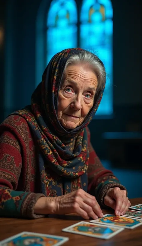 A cinematic photo of an elderly woman reading Tarot cards kept on a table., She looking to camera , she wear  beautiful handcraft  clothes and blue eyes . she wear handcraft scarf partially on hair , she looking to camera , the background is a fully dark  ...