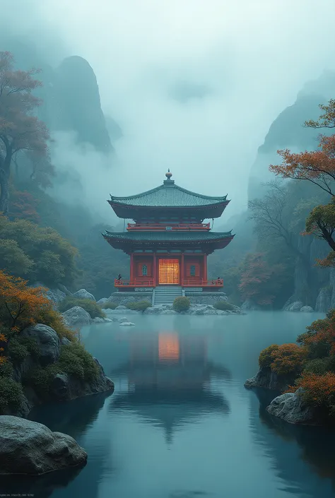 A stunning landscape of a Japanese shrine surrounded by mist and a serene body of water, (best quality,4k,8k,highres,masterpiece:1.2),ultra-detailed,(realistic,photorealistic,photo-realistic:1.37),detailed japanese shrine,intricate architectural details,be...