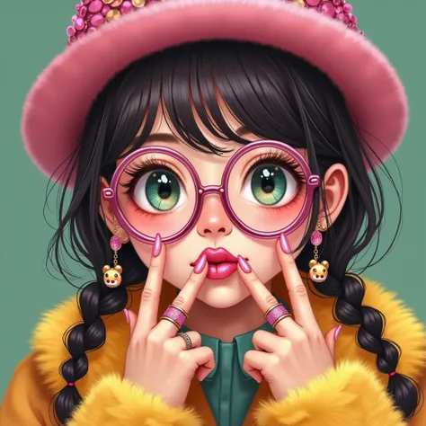  Close-up of a person wearing a hat with pink sequins and shiny glasses and round colored glasses She wears her index fingers close to her mouth, Put your lips as if you were going to kiss painted with pink glitter  ,  on her fingers she wears rings she we...