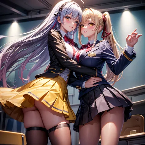 best quality，8k，classroom，smile，blazer，ribbon on uniform，mini skirt，high school girl，multiple girls are depicted， Leather Shorts ，Future Blazer ，Multicolored tights， depicts multiple girls。 colorful fashion，harem，idol group，photo shoot，long hair，wearing a ...