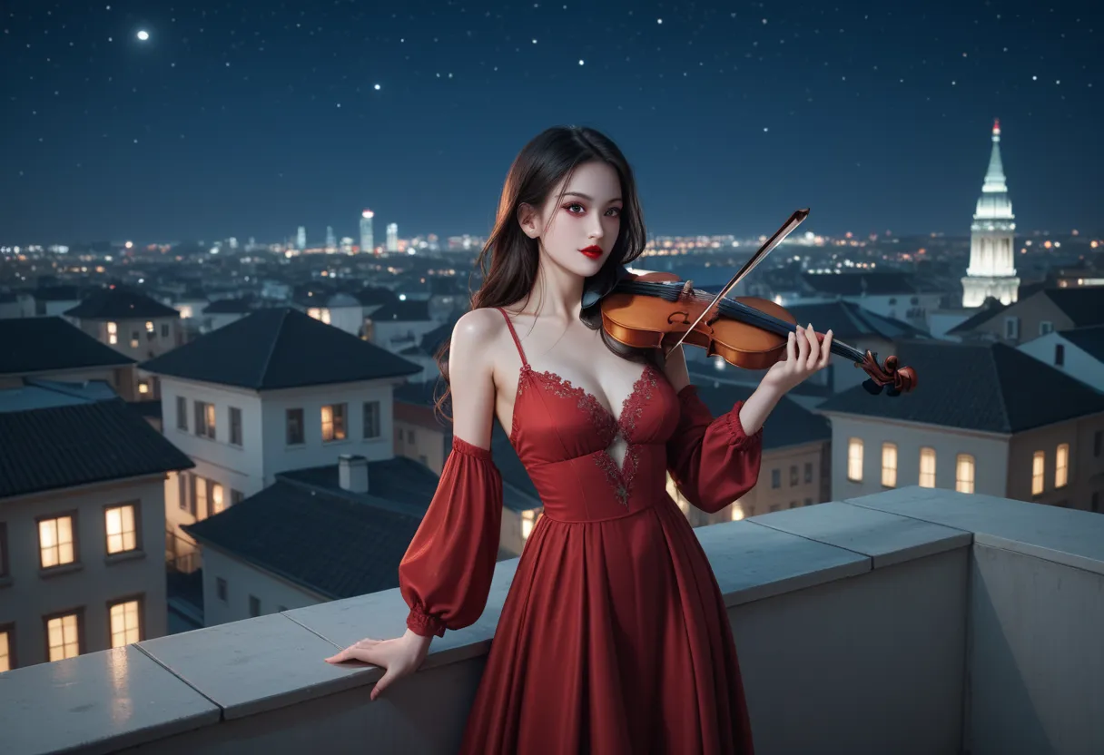 red dress, girl playing violin, long hair, red eyes, rooftop, night, city night scene, starry sky, red lips, white skin, front v...