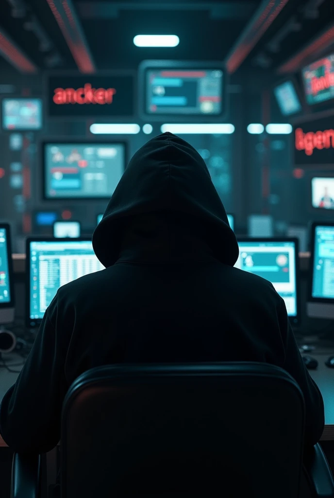 

"A hacker sitting in a dark intelligence room, which is very advanced and high-tech. The hacker is wearing a black hoodie, with their face partially covered by the hood. On the walls of the room, the name ABUZARkhan  Hacker is written."
