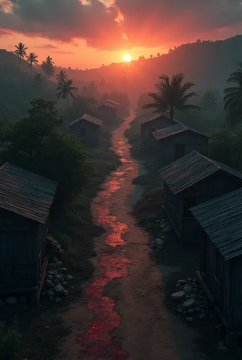 dark sky amd sunrise and a rundown village in myanmar top view and some blood on the ground