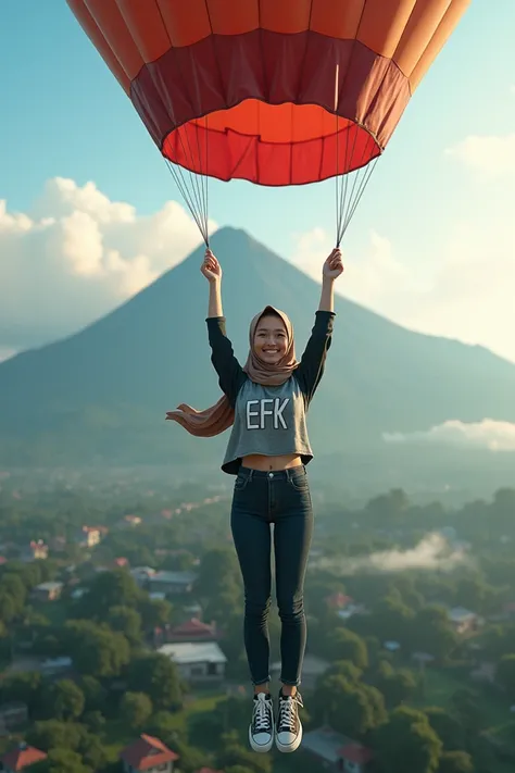 A beautiful Indonesian woman wearing a hijab, long-sleeved t-shirt with a trendy design that says EFK, tight jeans, sneakers, flying with a big balloon, facing the camera smiling, below there is a view of Mount Rinjani with white misty clouds, houses, road...