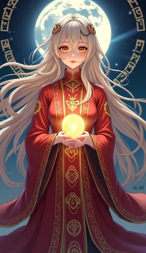 Design a serene anime girl with long, platinum blonde hair, dressed in an intricate red and gold robe featuring symbols of wealth and good fortune. She holds a glowing crystal orb, her eyes shimmering with the swirling colors of destiny. The background fea...