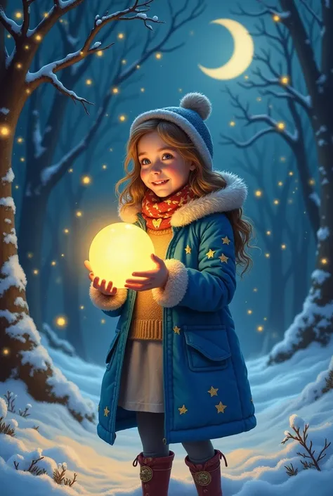 young girl in a winter wonderland, holding a glowing golden orb, wearing a blue coat with golden stars, snow covered forest background, night sky filled with stars and crescent moon, whimsical and magical atmosphere, fantasy art style, highly detailed, vib...