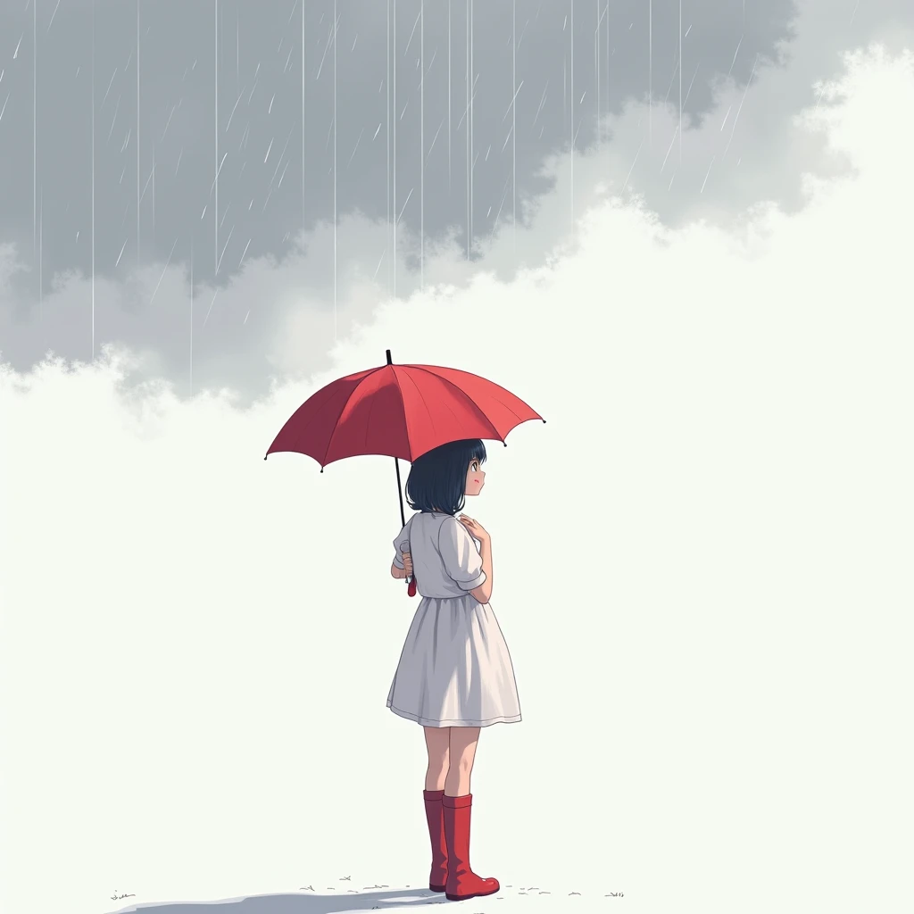 （masterpiece、 High Quality 、High image quality、４k、８k、 Details）、 the line where rain falls （Line art：1.5）、Super close up of girl looking sideways （ 、 holding a red umbrella） in red boots looking up at the sky 、The sky is gray clouds 、 The background is a si...