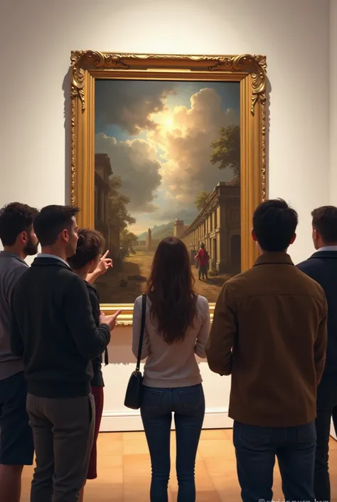 SEVERAL PEOPLE POINTING TO A BEAUTIFUL PAINTING 