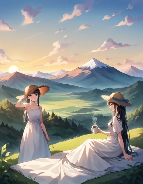 ((Ruri Australian baseball)),  long hair, ,  black hair,  1 girl, pants, mole, mole under eye,  straw hat, Awning Hat, sun dress,  dress, white  dress, Outdoor, , Beautiful Mountain々, background, Setting up the tent,  clear 々美しいmorning, The light shines, I...