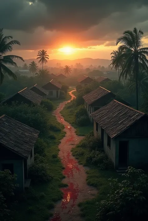 dark sky amd sunrise and a rundown village in myanmar top view and some splatters of blood on the ground