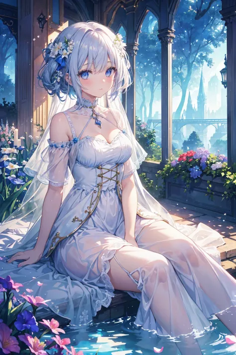 ( high quality, 8K), (Soft Light),  iris ,  a girl ,  Detailed Facial ,  Beautiful Eyes , watercolor paiting,  So Magical Dreamy , Fantastic Details ,  Dreamy Ambience とドラマ,  Gorgeous atmosphere ,  Dreamy and Beautiful Lighting ,  Dreamy Ambience ,  Beauti...