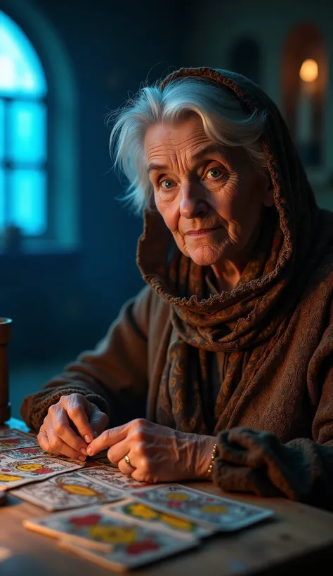 A cinematic photo of an elderly woman reading Tarot cards kept on a table., She looking to camera , she wear  beautiful handcraft  clothes and blue eyes . she wear handcraft scarf partially on hair , she looking to camera , the background is a fully dark  ...