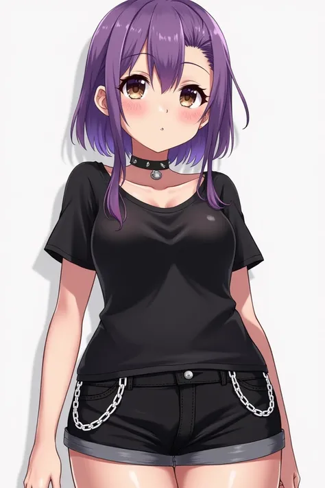 Chubby anime girl with short, shaved hair at the back of her head,  Shaved on the left side and on the right side with long jaw-length hair with purple highlights,  Black fitted shirt with neckline ,  black jean shorts with chains , pantismedia negras,  Sp...