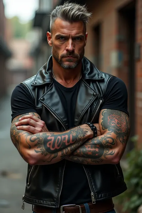 Badboy biker poses sexy short hair color pepper and salt color tight t-shirt tattoo blue eyes 45 years old