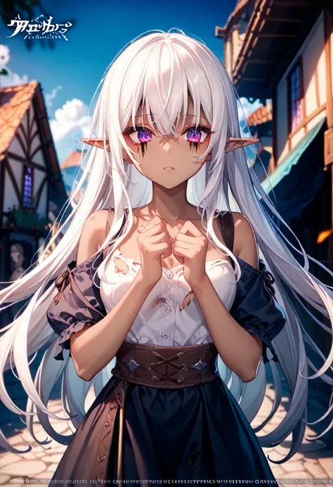 (masterpiece,   high quality ,  best size   ,   official art,   beautiful and aesthetic  :1.2), ((dark elf)), ((  1girl)),   extremely detailed ,  BREAK,   incredibly detailed face, Eye details, blunt bangs,   white hair, (  to hair between eyes  ), eyelas...