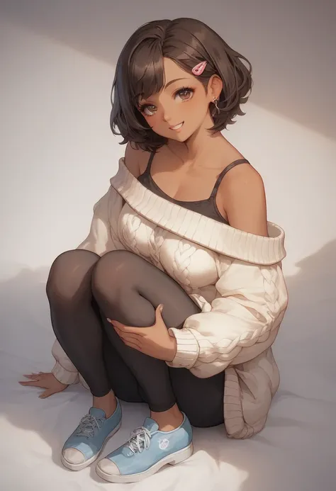 trending on pixiv, Popular in pixiv, full-body vertical anime-style illustration of a charming Japanese girl with fair, porcelain-like skin, shoulder-length dark brown bob hair,wearing an oversized sweater paired with black tights and comfortable shoes. Sh...