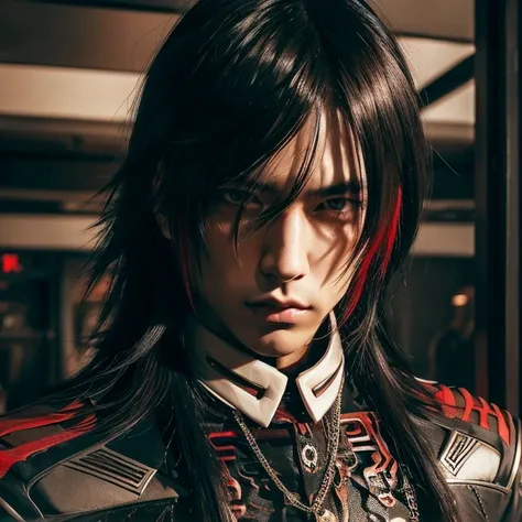 1 man, Japanese man, 30 years old, hairstyle Visual Kei, hair color blonde, muscular, broad shoulders, ultra detailed face and eyes, Asian eyes, pretty face, realistic representation, outfit gothic-cyberpunk, black mens shirt and black pants, long hair, ha...