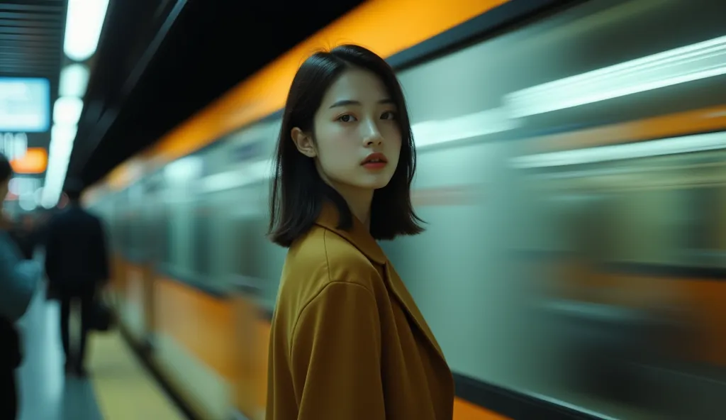 martin time blur,martin portrait,film photo,1girl stood next to the high-speed subway,looking at viewers,high quality,