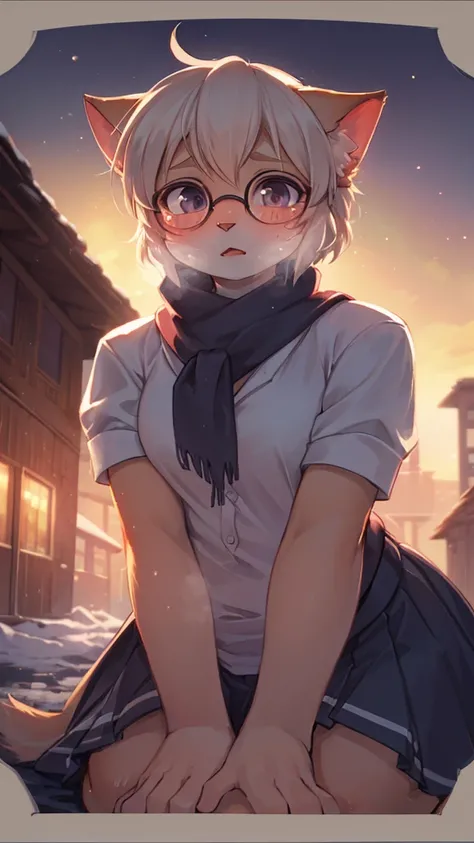 Pure Love , being Confessed , School cat girl, Cat Whiskers , winter school uniform, hide mouth by scarf , round glasses , Disarray tied hair , butter face , loose body , Freckles , ugly geek , steamy breath , winter , in the after school ground , (Sumilux...