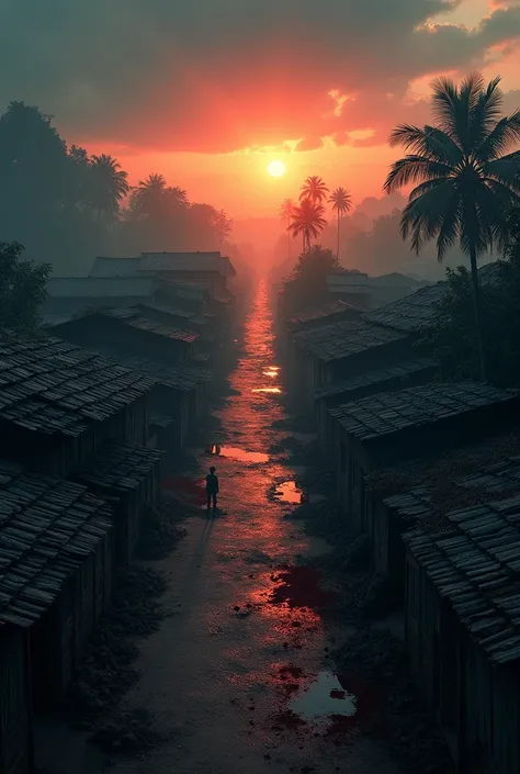 dark sky amd sunrise and a rundown village in myanmar top view and some splatters of blood on the ground more top perspective