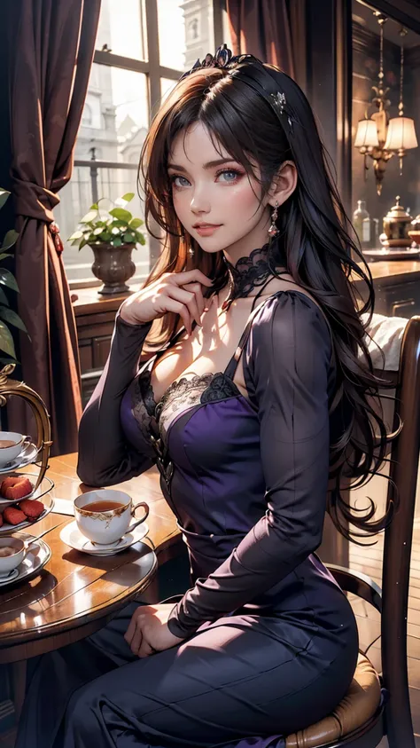  Woman smiling ,  purple eyes , Violet Dress,  Victorian Dress , Royalty, noble, Drinking tea with a woman