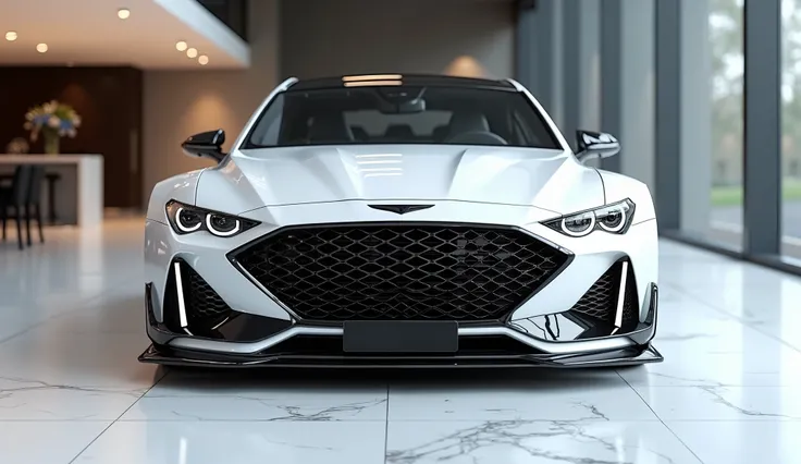 create an ultra-detailed 3D render of a modern, full close-up front view of 2025 Genesis G80 with a bold design full heavy modified with Karbonn fiber kits. The car should feature a Gleamy glossy white  color with a Genesis logo on its front, and sleek hea...