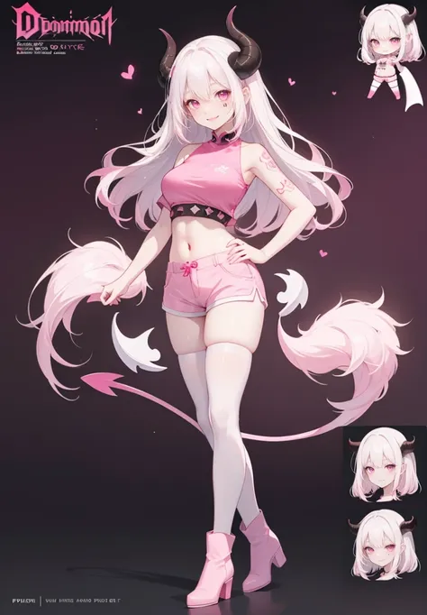 ((Perfect Face))("A succubus with pale skin, medium breasts, white hair with light pink tips, pink eyes, pink demon horns, pink demon tail, pink womb tattoo, and pink crop top, white shorts, white thigh highs, pink ankle boots)((Simple light color backgrou...