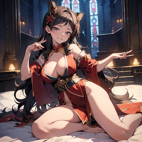 masterpiece,  best quality,   extremely detailed CG Unity 8K wallpaper , Beautiful Shrine Maiden Costume, Nice dress、 Luxurious Hair Ornaments、 Big Breasts ,   Blushing ,  Im panting with an expression of joy , Bare shoulders、Seductive waist、 high heels、Go...