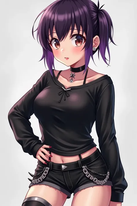  Chubby anime gang girl with very short, shaved hair on the back of the neck, with purple highlights ,  Black fitted shirt with neckline ,  black jean shorts with chains ,  black pantimedia on the thighs ,  Spiked choker ,  6 piercings in the left ear and ...